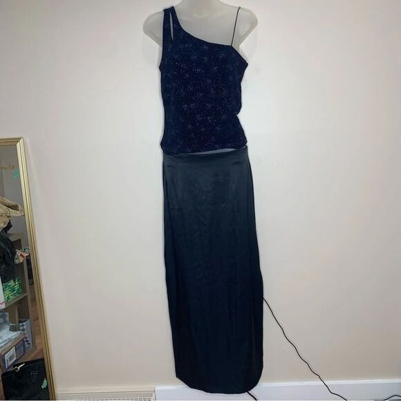 Y2K 2 Piece Skirt Top Formal Set Navy Blue Sparkle Stretch Top size 11 - Picture 1 of 11